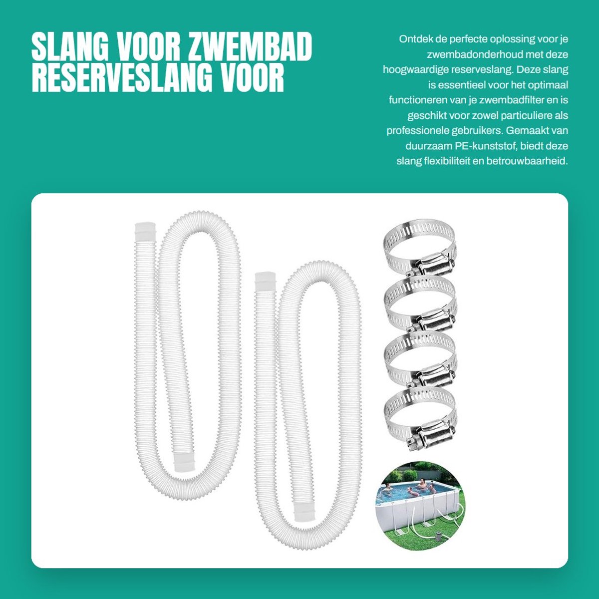 Dailygoods- Zwembadslang Duurzaam - Reserveslang - PE-kunststof - Lekvrij - 28 x 20 x 5 cm - Inclusief vier gespen - Zwembadpomp Slang