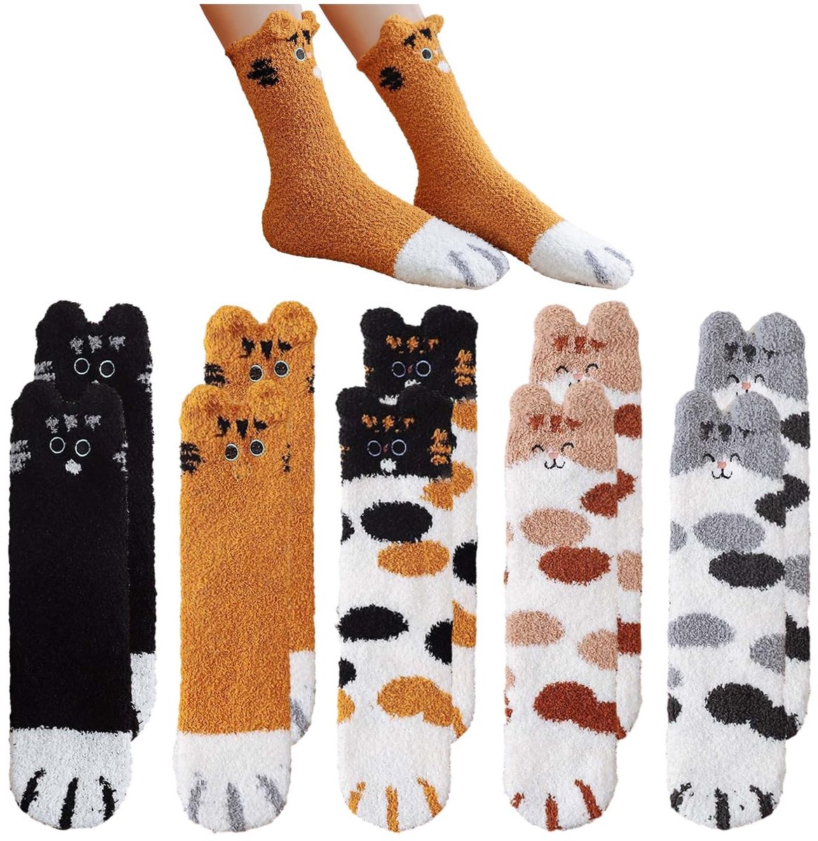 Dailygoods- Pluche Sokken 5 Paar - Kattenpatroon - Warm voor de Winter - Zacht en Comfortabel - Polyestervezel - Antislip
