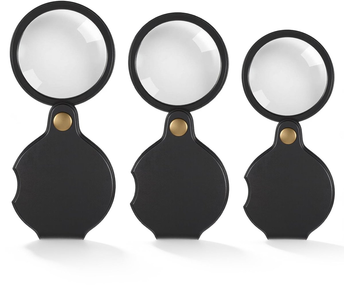 Dailygoods- Vergrootglas 10-voudig - Mini-vergrootglas - Opvouwbaar - Draaibaar - Draagbaar - Hoogwaardig optisch glas - 3 stuks - Loep