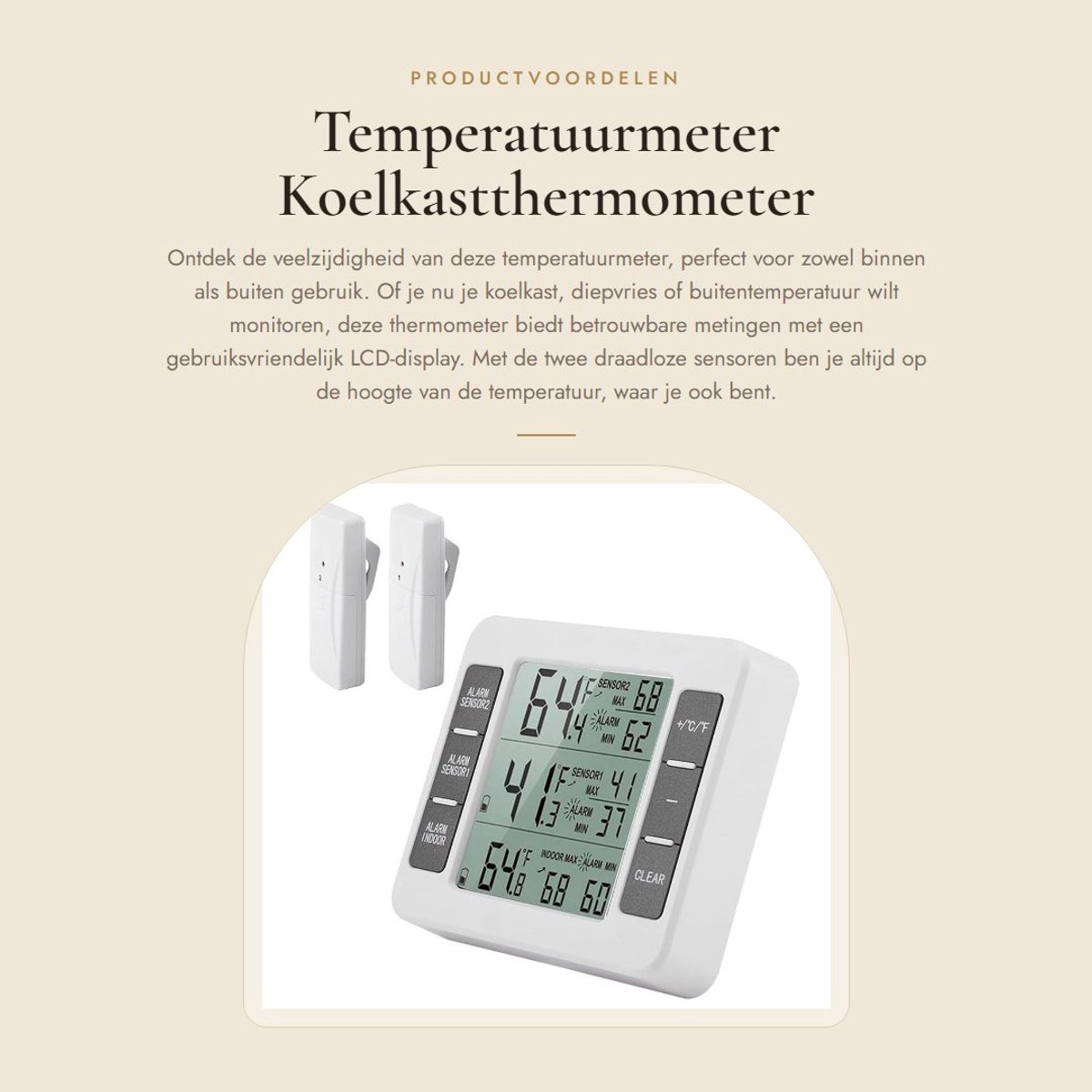 Dailygoods - Temperatuurmeter - Koelkastthermometer - Draadloos met Akoestisch Alarm - LCD-display - Buitenthermometer - Voor Binnen en Buiten - 2 Sen...