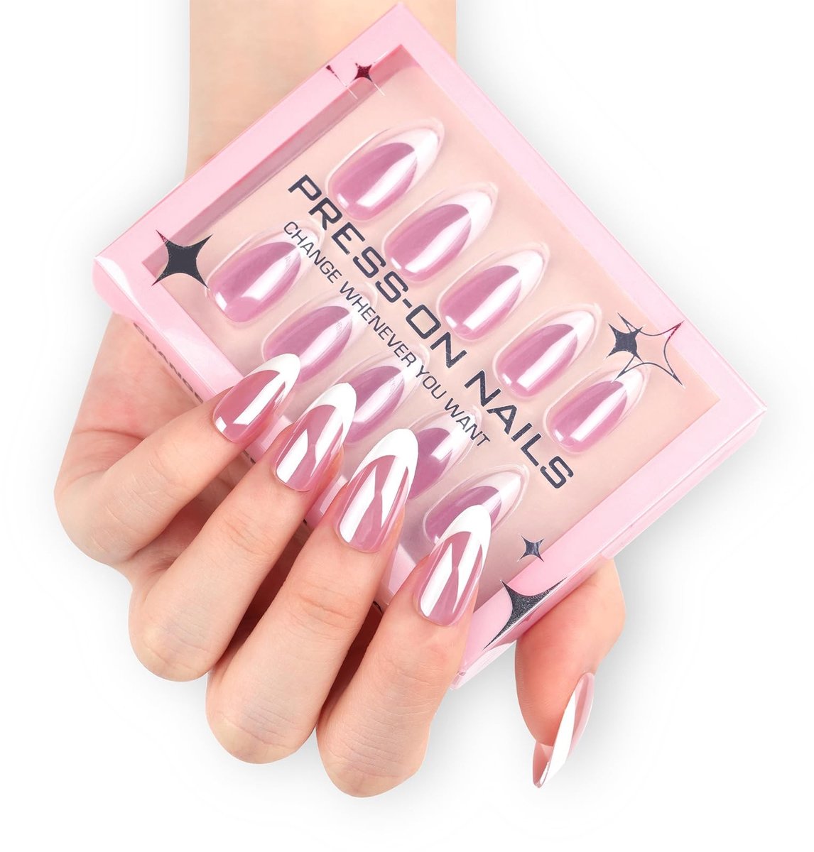 Dailygoods- Nagelset 30 Stuks - Franse Tip - Glanzend - Amandelvormig - Kunstnagels - Herbruikbaar - Eenvoudige Kleur met Chroom Designs