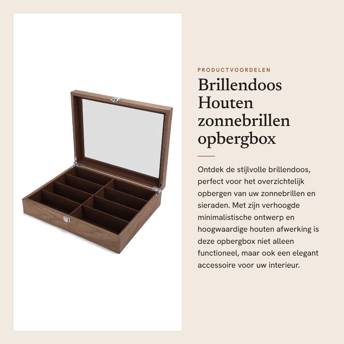 Dailygoods- Brillendoos - Opbergdoos met 8 Roosters - Houten Vitrine - Sieradenorganizer - Transparant Deksel - Duurzaam Materiaal