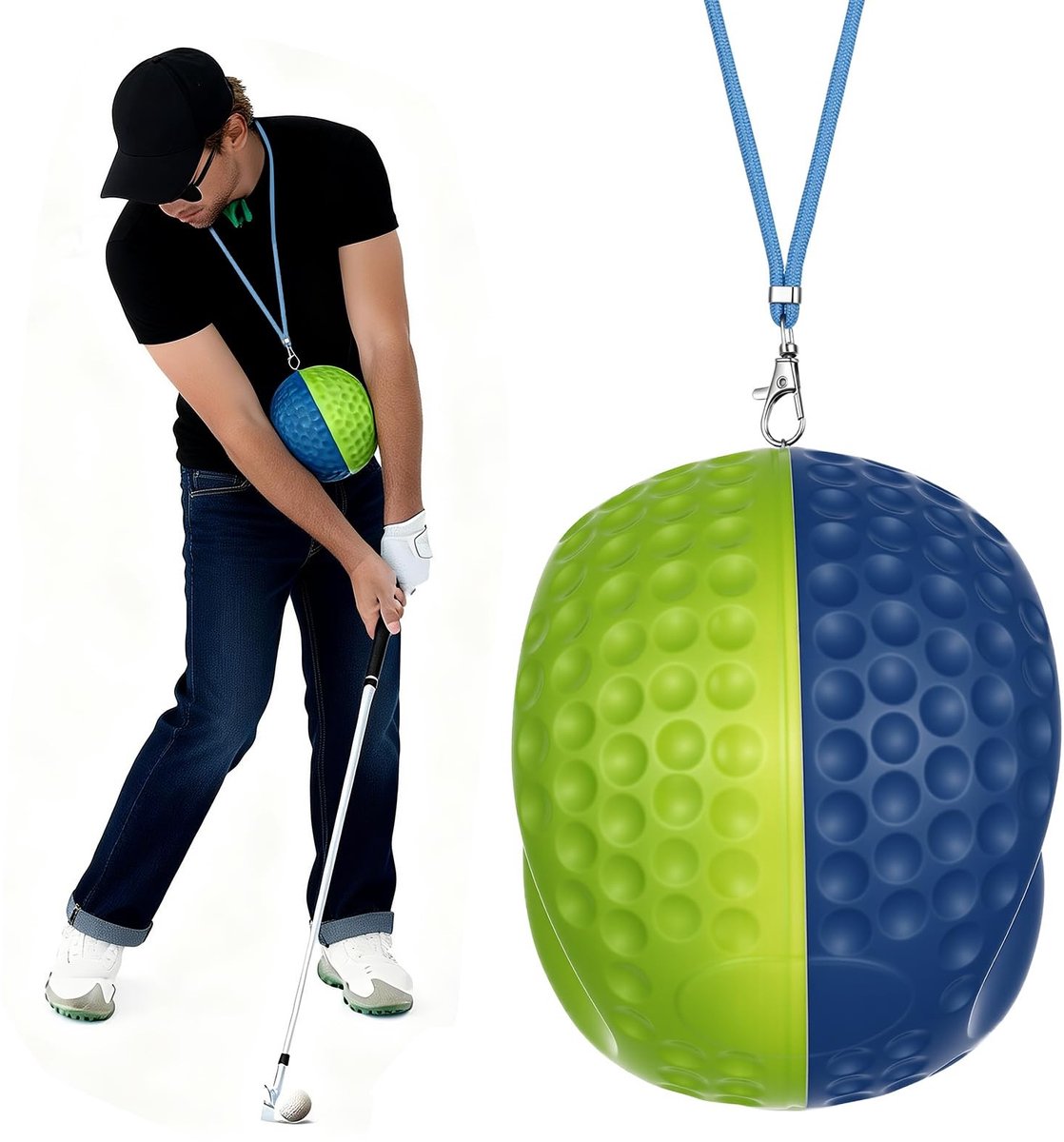 Dailygoods- Golfslagtrainingsbal - Verbetering van trefzekerheid - Vliegtrainer hulpbal - Tweekleurige golfoefenbal - PU-schuim - Inclusief touw en gebruiksaanwijzing - Golfswingtrainer