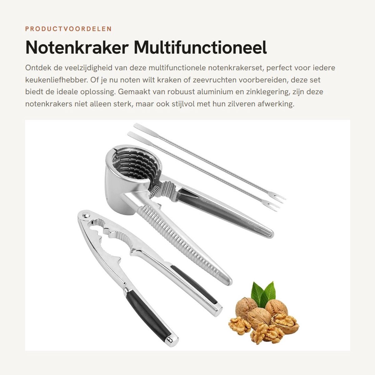 Dailygoods- Notenkraker Multifunctioneel - 4 Stuks Keukengereedschap - Aluminium/Zinklegering - Antislip Handvat - Voor Walnoten/Hazelnoten - Duurzaam en Robuust - Keukengerei