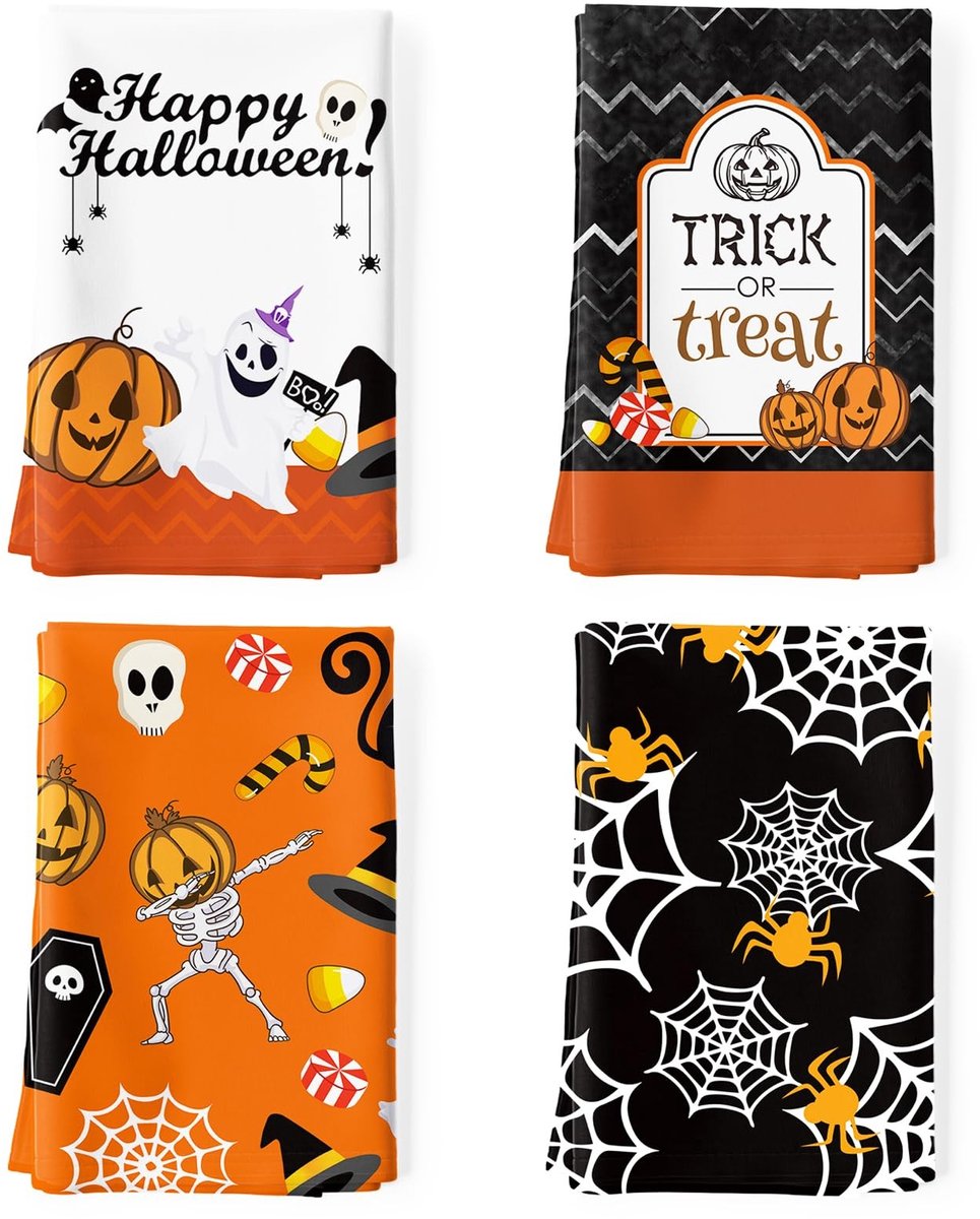Dailygoods- Theedoeken Set - 4 Stuks - 100% Katoen - Halloween Cartoon - Keukenhanddoeken - Multifunctioneel - 50 x 60 cm