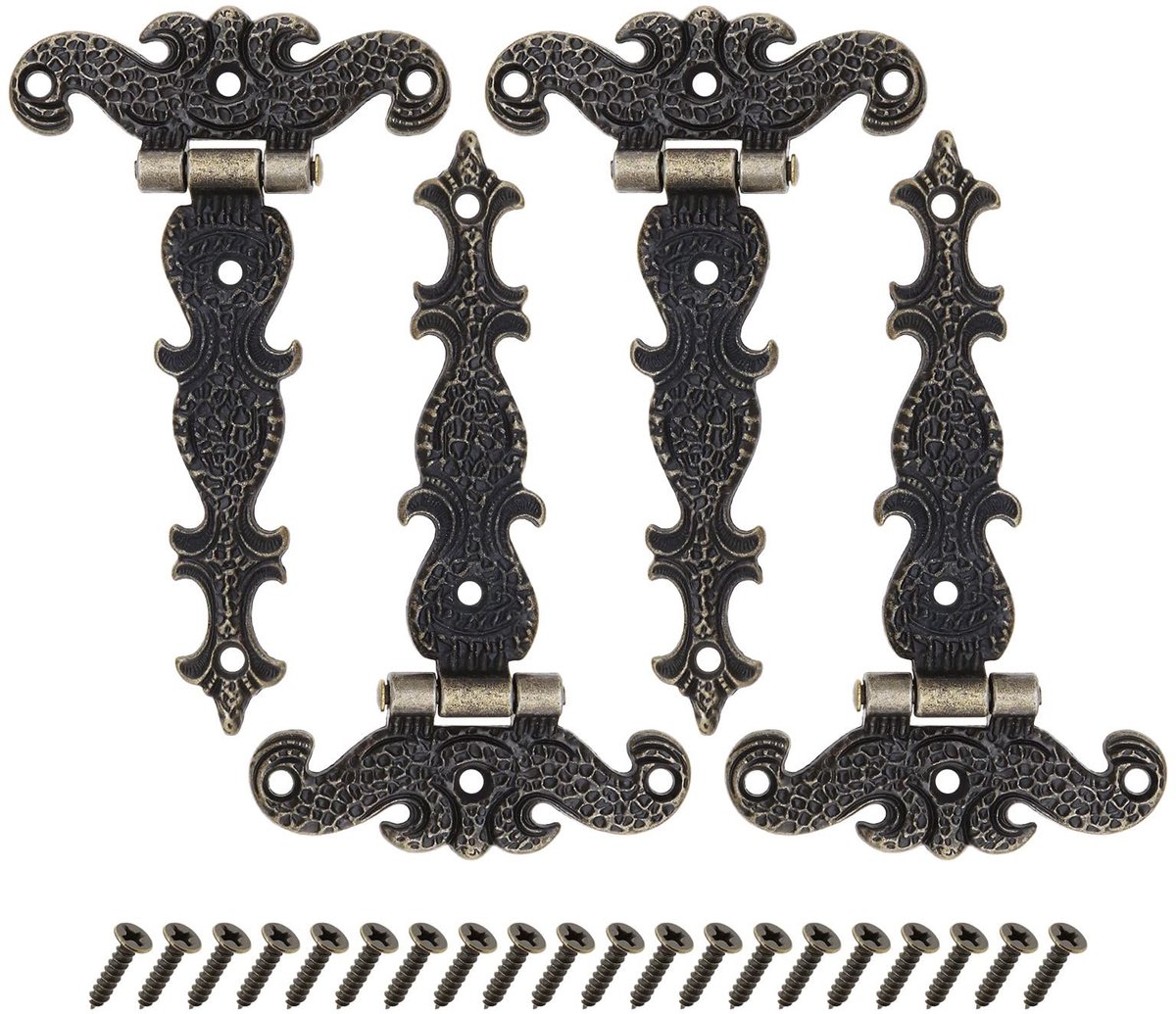 Dailygoods- Scharnieren Antiek - 4 Stuks - Zinklegering - Vintage Stijl - Houten Meubels - Eenvoudig te Installeren - 11.2x6.9cm - Meubelbeslag