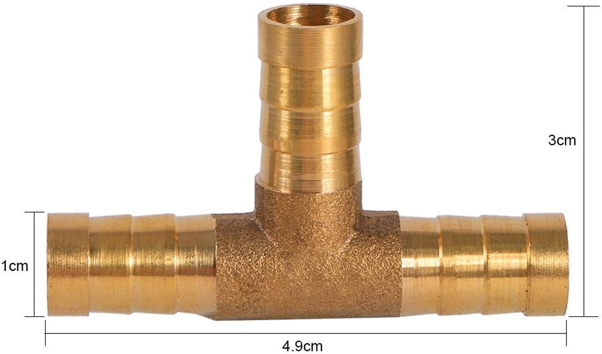 Dailygoods- T-Stuk - 3-Weg Slangverbinding - Messing - Temperatuurweerstand 100°C - Houddiameter 10 mm - Testdruk 1 MPa - Inclusief 1 Stuk - Slangstuk