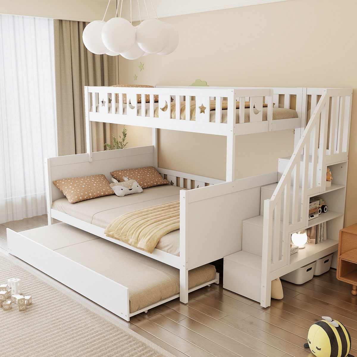 DESMIU Stapelbed 90x200/140x200 cm – Met Veiligheidstrap En Opbergruimte – Met Uitschuifbed – Voor Kinderkamer – Massief Hout – Wit – Zonder Matras
