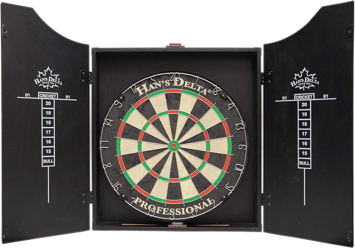 Dartbord met Kast - Varkenshaar Bord - Pub Quiz - Inclusief 6 Darts - Reglement 18 inch - Zwart