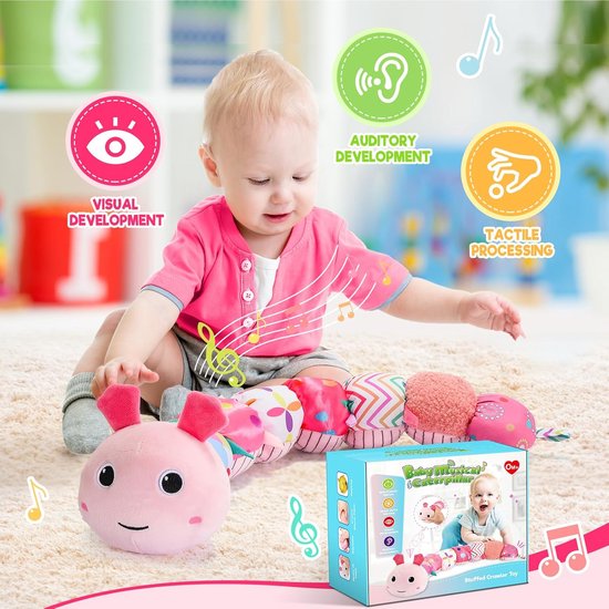 Babyspeelgoed Rups - Muzikaal Knuffeldier - Baby Ontwikkeling - Met Groei Liniaal - 18 cm - Roze — afbeelding 4