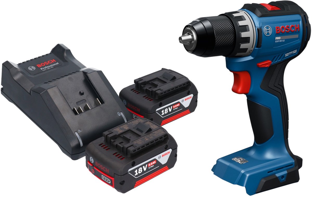 Bosch GSR 18V-52 Professional accuboormachine 18 V 70 Nm borstelloos + 2x accu 5,0 Ah + oplader