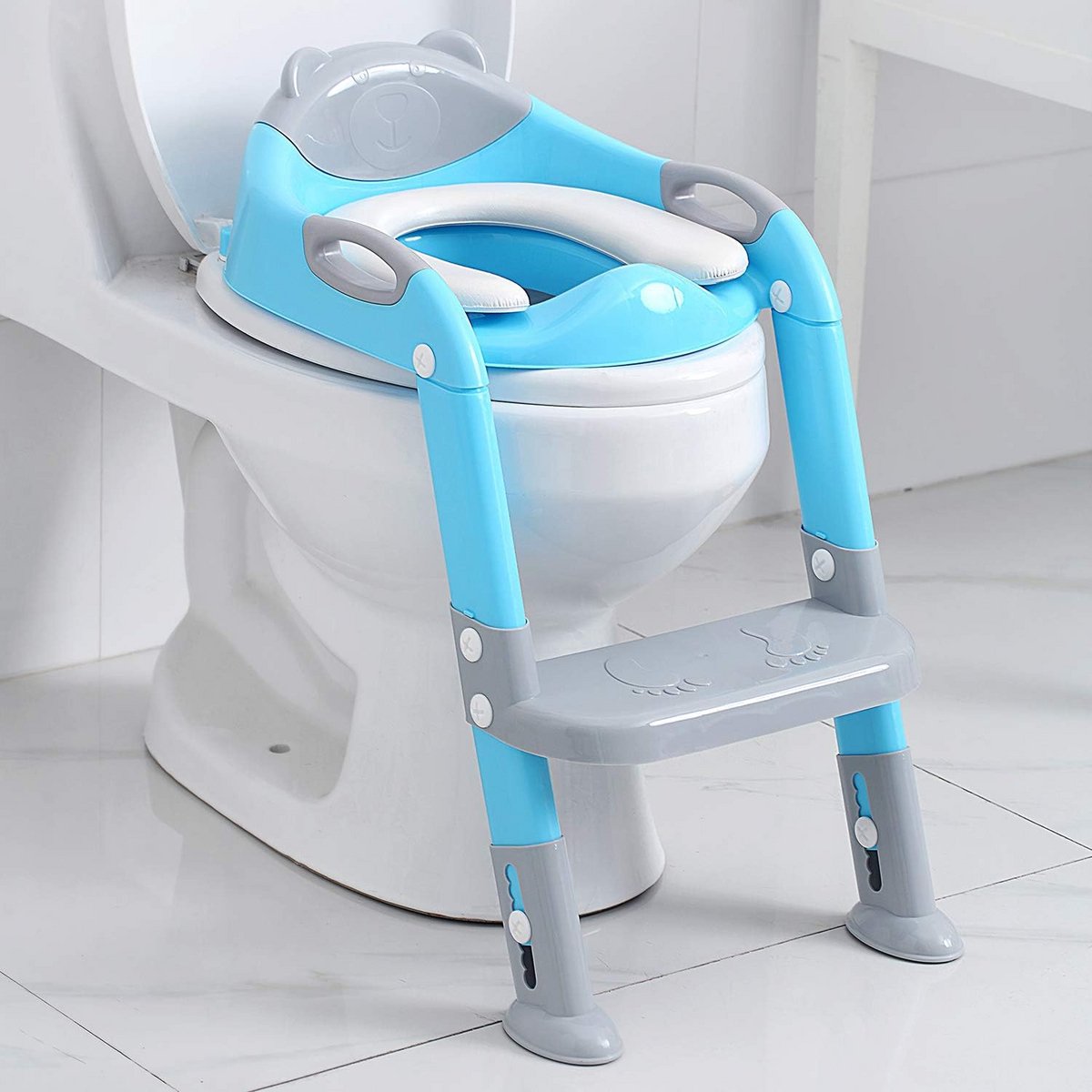 Zindelijkheidstrainer - Potje met trap - Kinderen trainen - Verstelbare hoogte - 66 cm lengte - Grijs Blauw