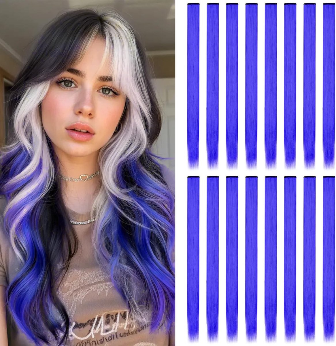 Dailygoods- Haarextensies 22" - 16 Stuks - Synthetische Haarstukken - Clip-in - Blauw - Duurzaam en herbruikbaar ontwerp - Haarverlengingen