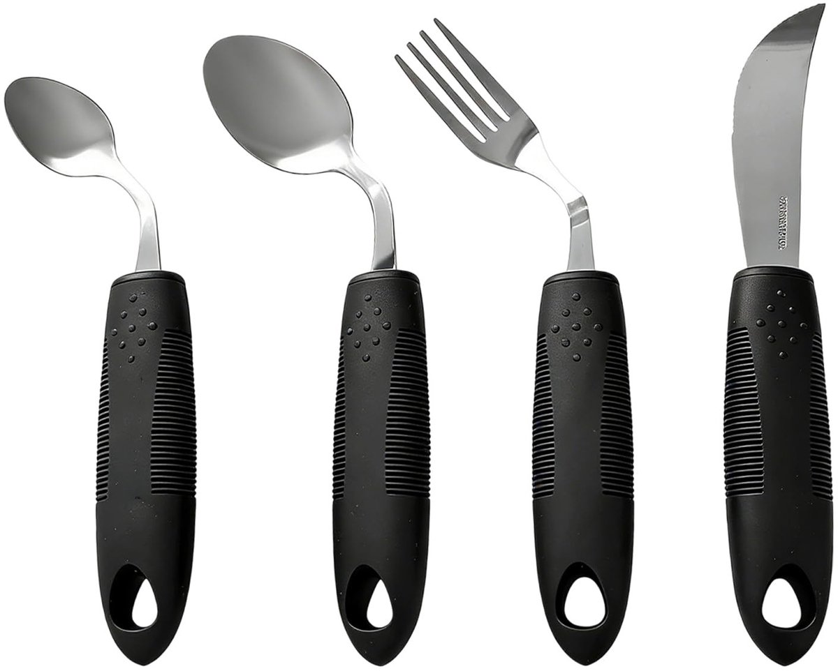 Dailygoods- Bestekset 4 Stuks - Adaptief Bestek voor Parkinson - Vaatwasmachinebestendig - Roestvrij Staal - Voor Linkshandigen - Stevige Grip