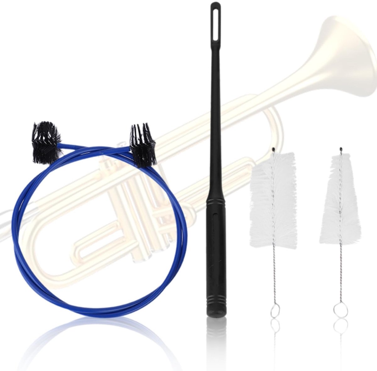 Dailygoods - Trompet Reinigingsset - 4 stuks - Flexibele Slangenborstel - Kunststof - Reinigingsstick - Compleet voor Trompet - Voor Muziekliefhebbers