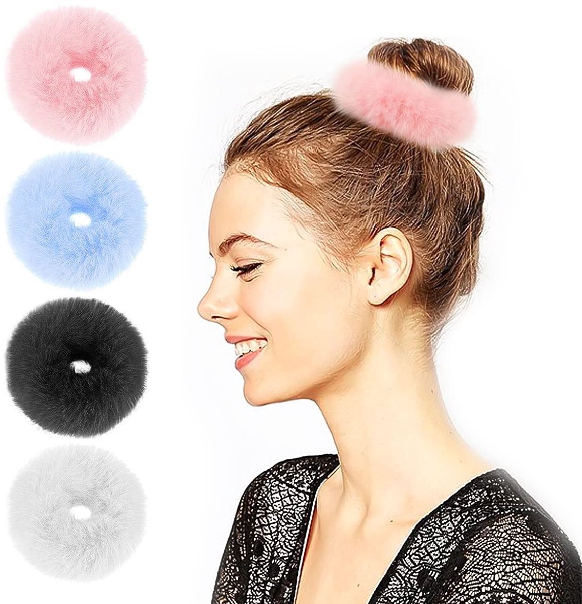 Dailygoods- Scrunchies Set van 4 - Pluizige Haaraccessoires - Elastische Pom Pom Haarbanden - Schattige Paardenstaart Houders - Comfortabele en Warme Haarbanden - Haarelastiek
