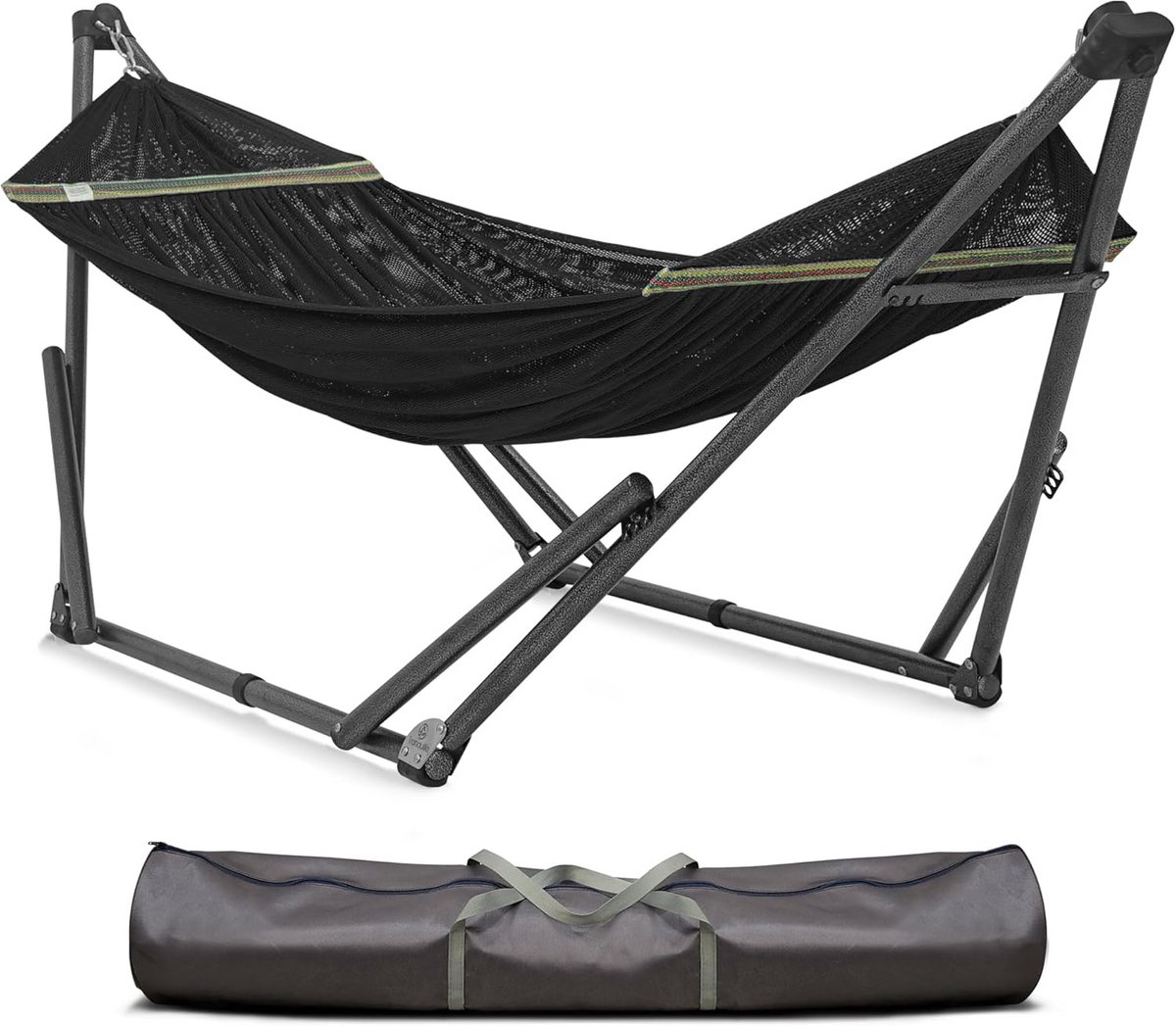 Hangmat met standaard - Draagbare hangmat - Ontspanning buiten - Gepatenteerd gereedschapsloos - Capaciteit 250 kg - Zwart
