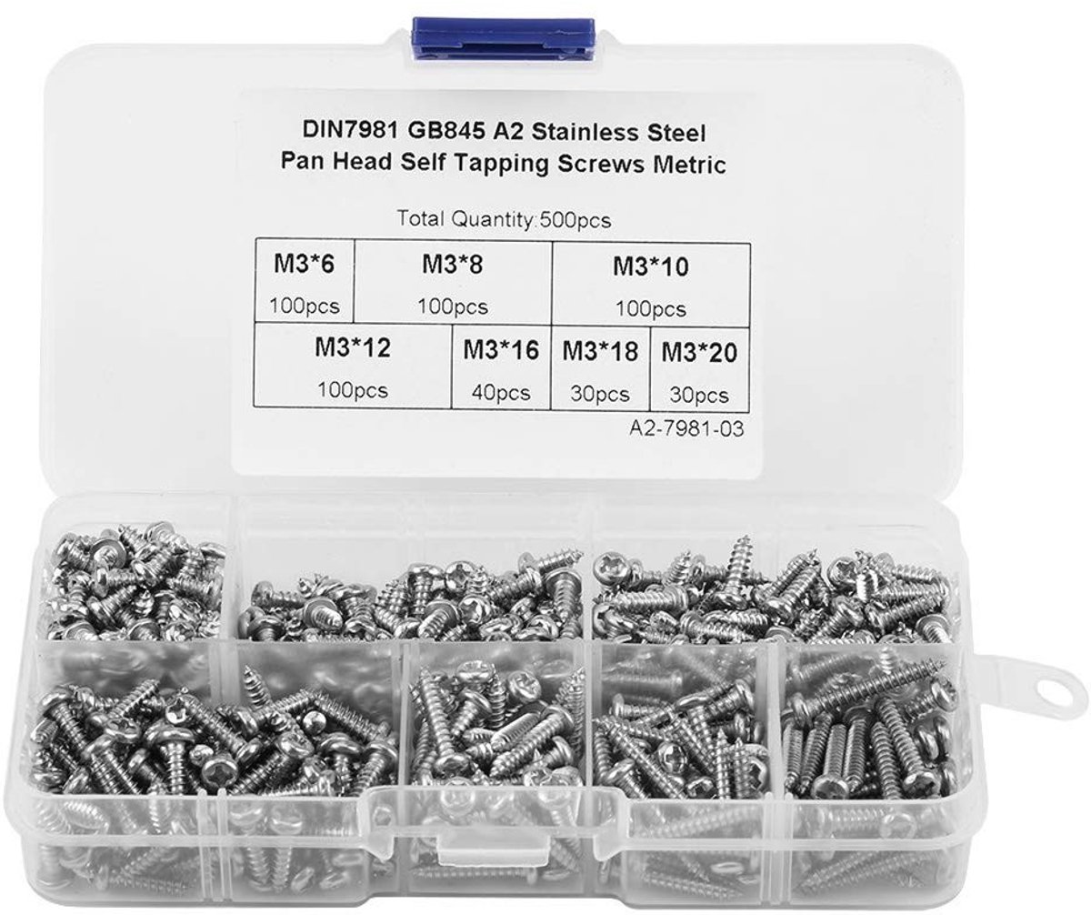 Dailygoods- Schroeven 500 Stuks - M3 Zelftappende Schroeven - Roestvrij Staal 304/Koolstofstaal - Corrosiebestendig - Voor Meubels/Machines - Inclusief Opbergdoos - Bevestigingsmiddelen