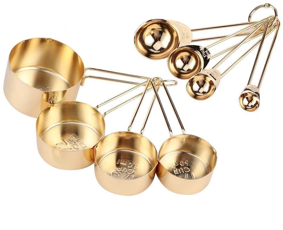 Dailygoods- Maatlepels Set van 8 - Gouden Maatlepels/Bekers - Metalen Maatlepelset - Antiaanbakmateriaal - Luxe Uiterlijk - Handige Opbergring - Maatbekers