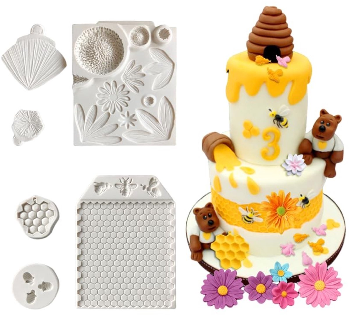 Dailygoods- Fondantmallen 6PCS - Siliconen Mallen - Bijen/Honingraat - Chrysanten/Daisies - Flexibel/Duurzaam - Geschikt van -40 tot 220°C