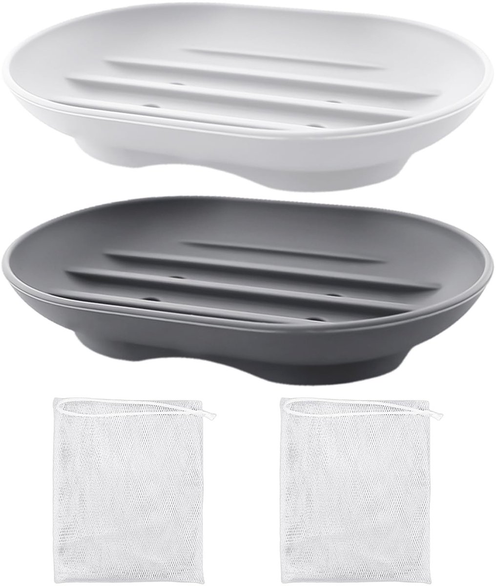Dailygoods- Zeepbakje 2 Stuks - Siliconen - Ovaal - Antislip - Grijs/Wit - Afmetingen 11,5 x 8 x 2,5 cm - Zeepdispenser