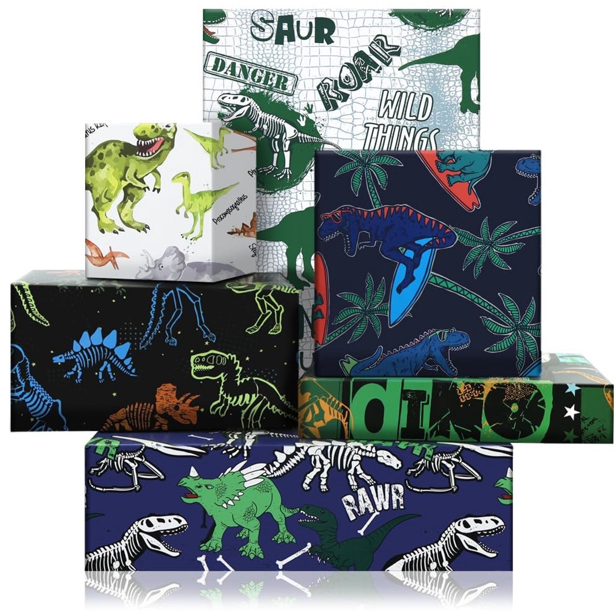Dailygoods- Inpakpapier Dinosaurus - 6 Vellen - Plat Gevouwen 50x70 cm - Cadeaupapier Verjaardag - Kinderen/Jongens/Meisjes - Dino Ontwerpen