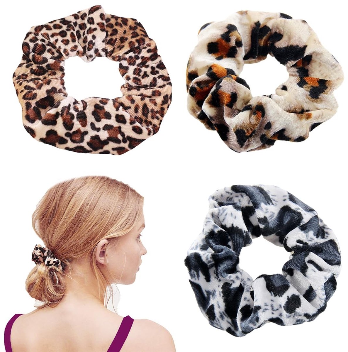 Dailygoods- Scrunchies 3 Stuks - Elastische Haarbanden - Haaraccessoires - Dots/Luipaard - Voor Vrouwen/Meisjes - Comfortabel en Stijlvol - Haarband