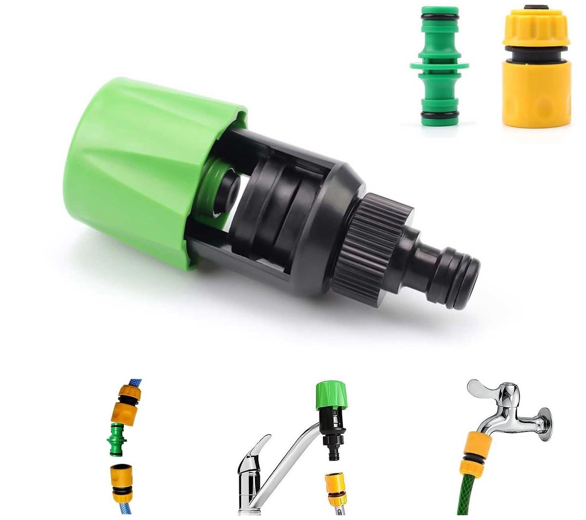 Dailygoods - Tuinslang - Adapter voor tuinslang - Robuust en verstelbaar - Groen, Zwart, Geel - Verbindingsslang - Voor keuken, badkamer en tuin - 3-d...