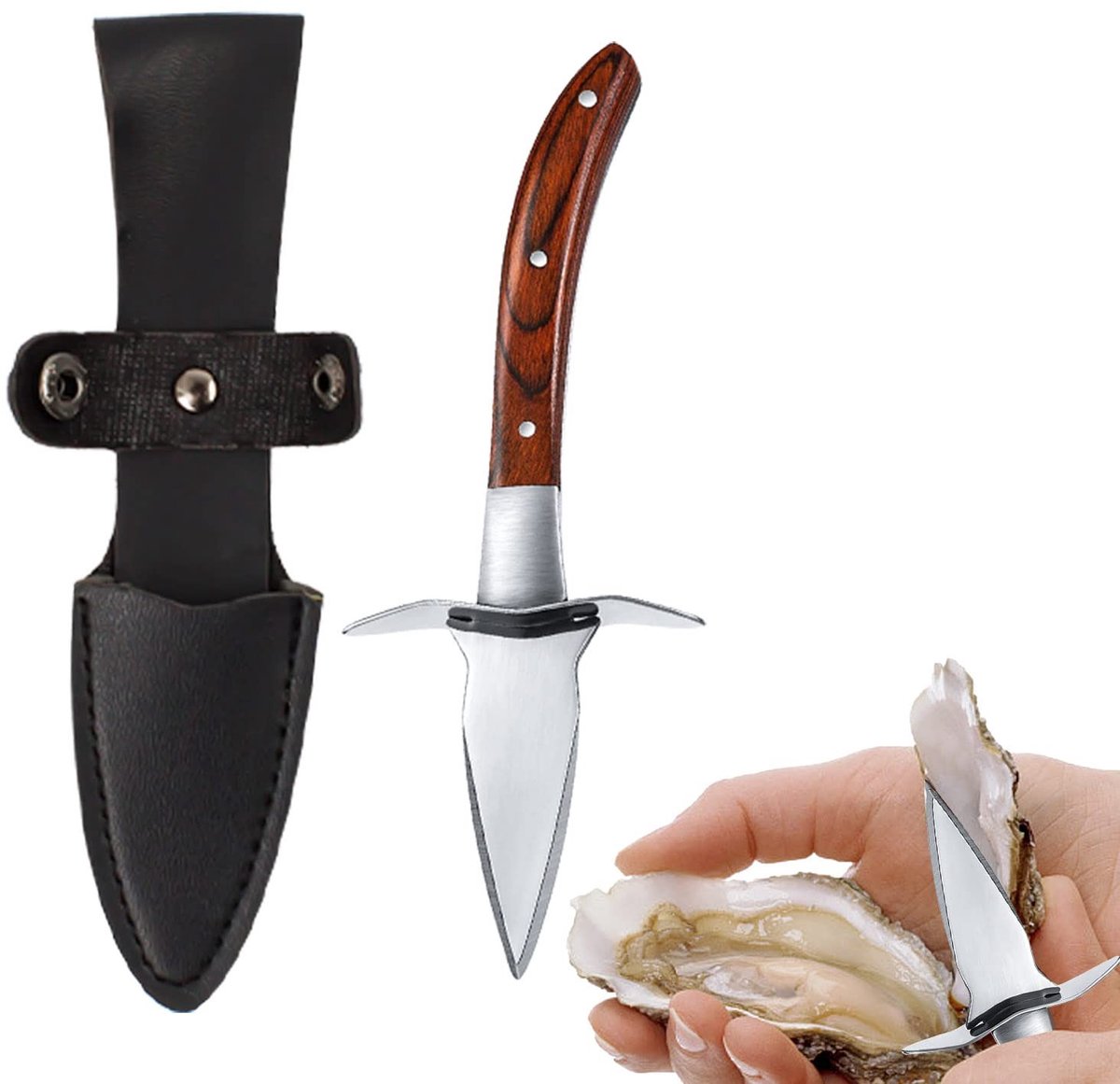 Dailygoods- Oestermes met handbescherming - Oesteropener - Roestvrij staal - Houten handvat - Ergonomische grip - Inclusief leren schede