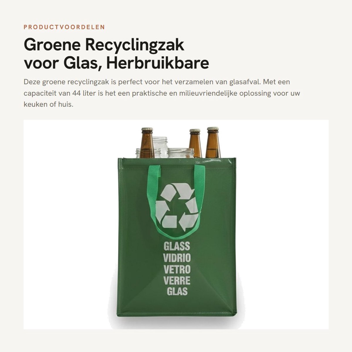 Dailygoods- Recyclingzak Herbruikbaar 44L - Groene Afvalzak voor Glas - Vuilniszak met Handvat - Recyclingcontainer - Recyclingsysteem voor Keuken