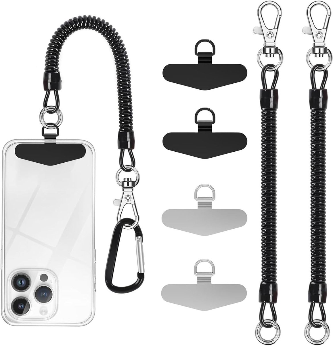 2 Stuks Telefoonkoord Diefstalbescherming met Spiralen voor Buitenactiviteiten en Klimmen, Geschikt voor de Meeste Smartphones, Inclusief RVS Telefoonpatch (Driehoek)