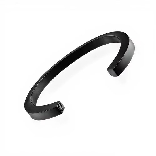 Een zwarte, open armband met een schroefsluiting, geïsoleerd op een witte achtergrond.