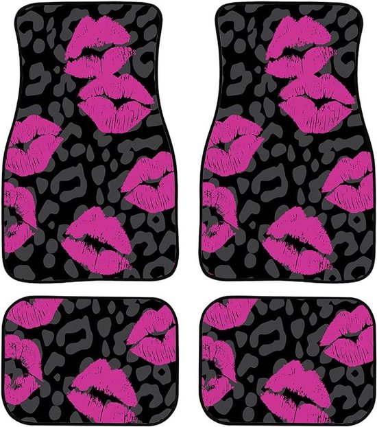 Auto Vloermatten Set - Matten Set Auto - Interieur Beschermen - Universele Pasvorm - 4 Stuks - Roze Lippen Grijze Cheetah