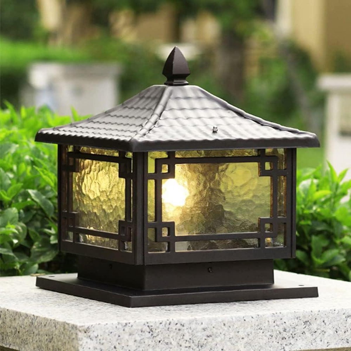 RCIDOS Vierkant met glazen zuilen, klassieke zwarte zuillampen, buitenlamp voor terras, binnenplaats, lamp E27 met stangkap met aluminium behuizing, lamp voor straatlantaarn