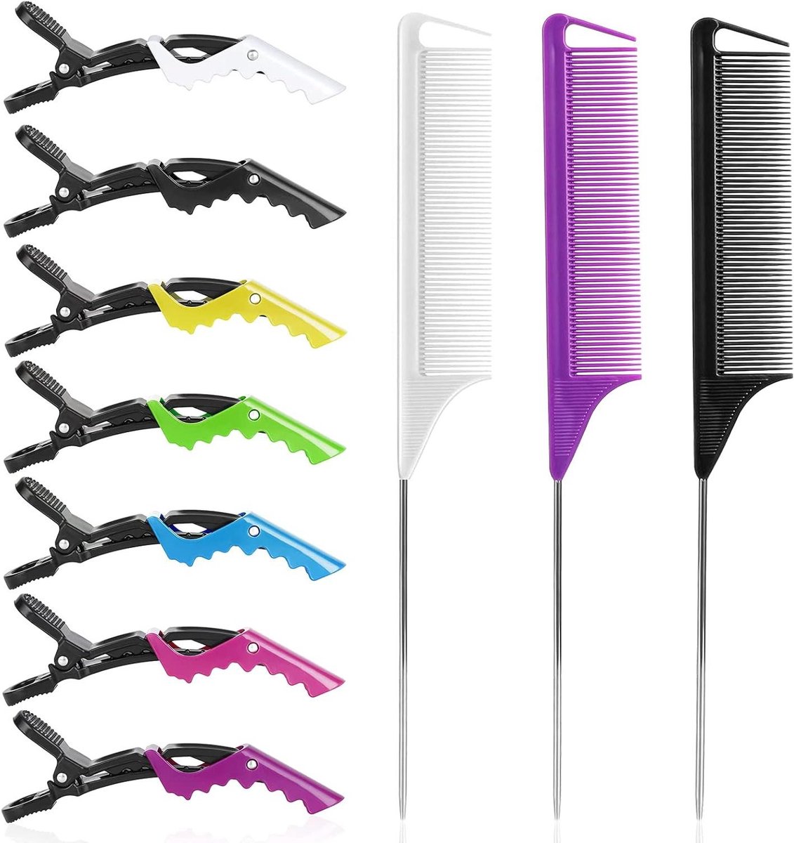 Haarkammen Set - Stylingkammen Clips - Haar Stylen - Roestvrij Staal Staart - 10 Stuks - Multicolor