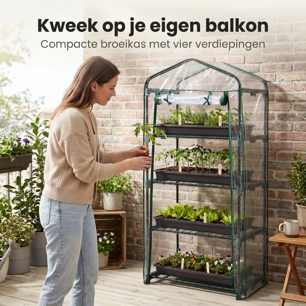 Lomera Broeikas - Kweekkas - 4 Verdiepingen - Foliekas - Serre - Mini Serre - Tuinkas - Plantenkas voor Balkon - Groenten Kweken - Tuin en Terras - Metalen Frame - Bloemenkas - Kruiden Kweken - Kweektent - Moestuin - Zaailingen – foto 5