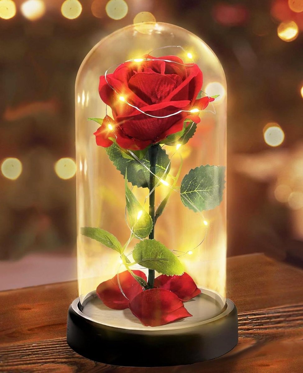 Zijde Roos Geschenk - Eeuwige Roos - Moederdag Cadeau - LED Lichtjes - 11 x 22 cm - Rood