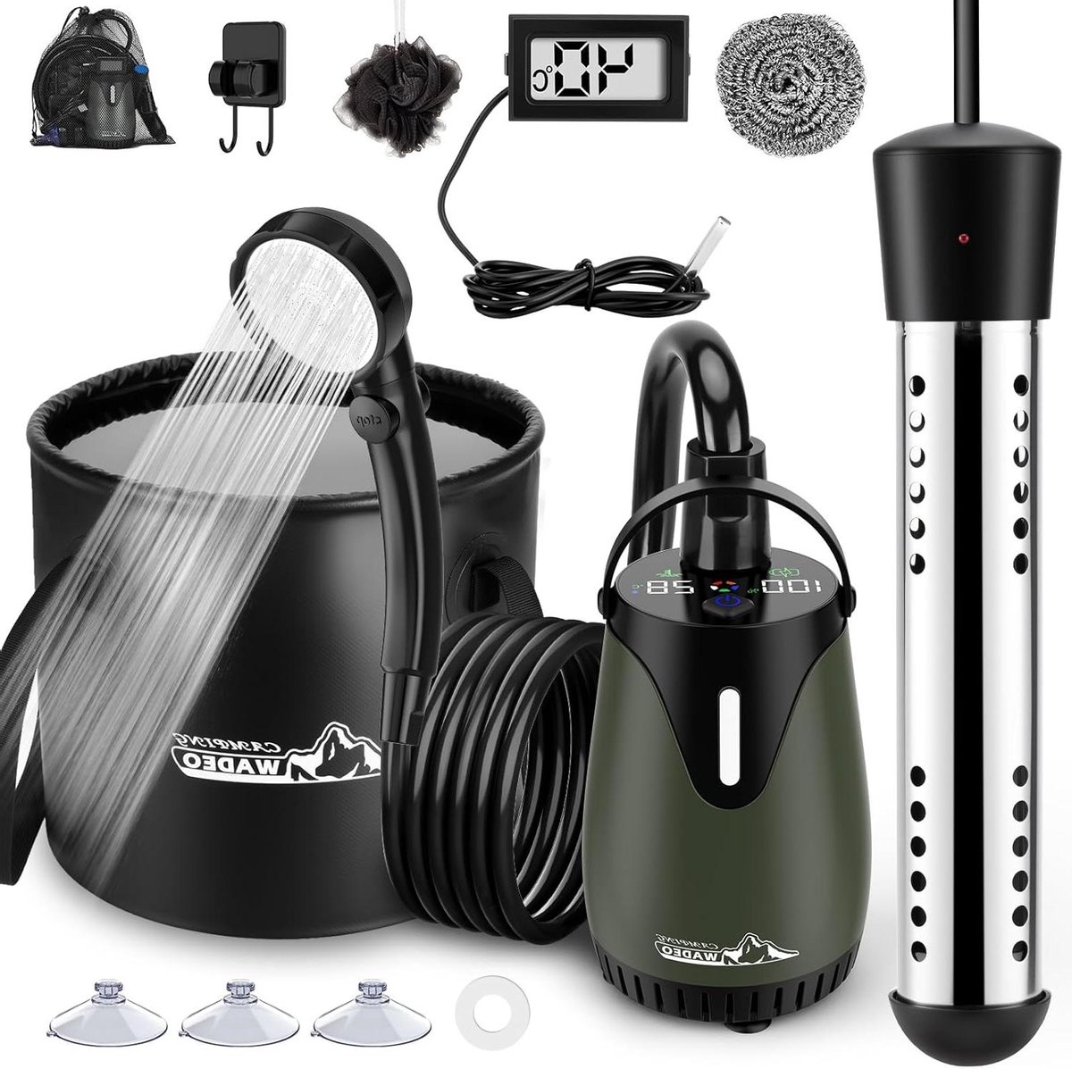 Draagbare Douche Set - Outdoor Douche - Kamperen en Reizen - Met Verwarmingsfunctie - 20L Emmer - Leger Groen