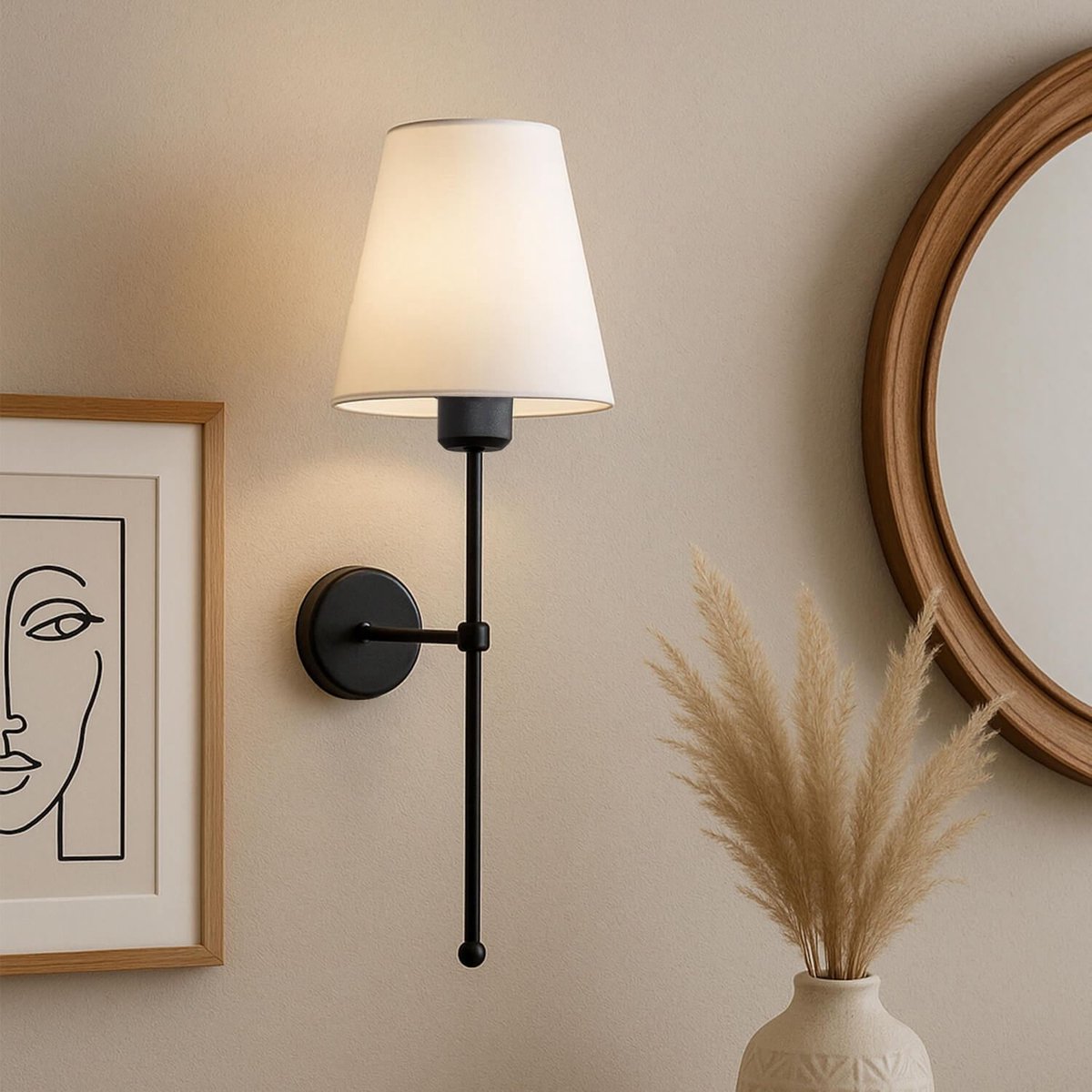 Asir - Wandlamp - Crème, zwart - METALEN BEHUIZING - 14 x 14 x 28 cm