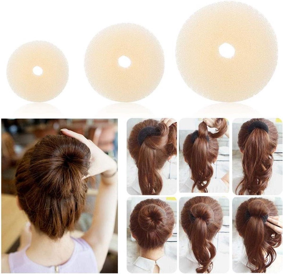 Haarstyling Tools - Haar Donut - Snel Kapsel Maken - Elastisch Nylon Materiaal - Set van 3 - Zwart