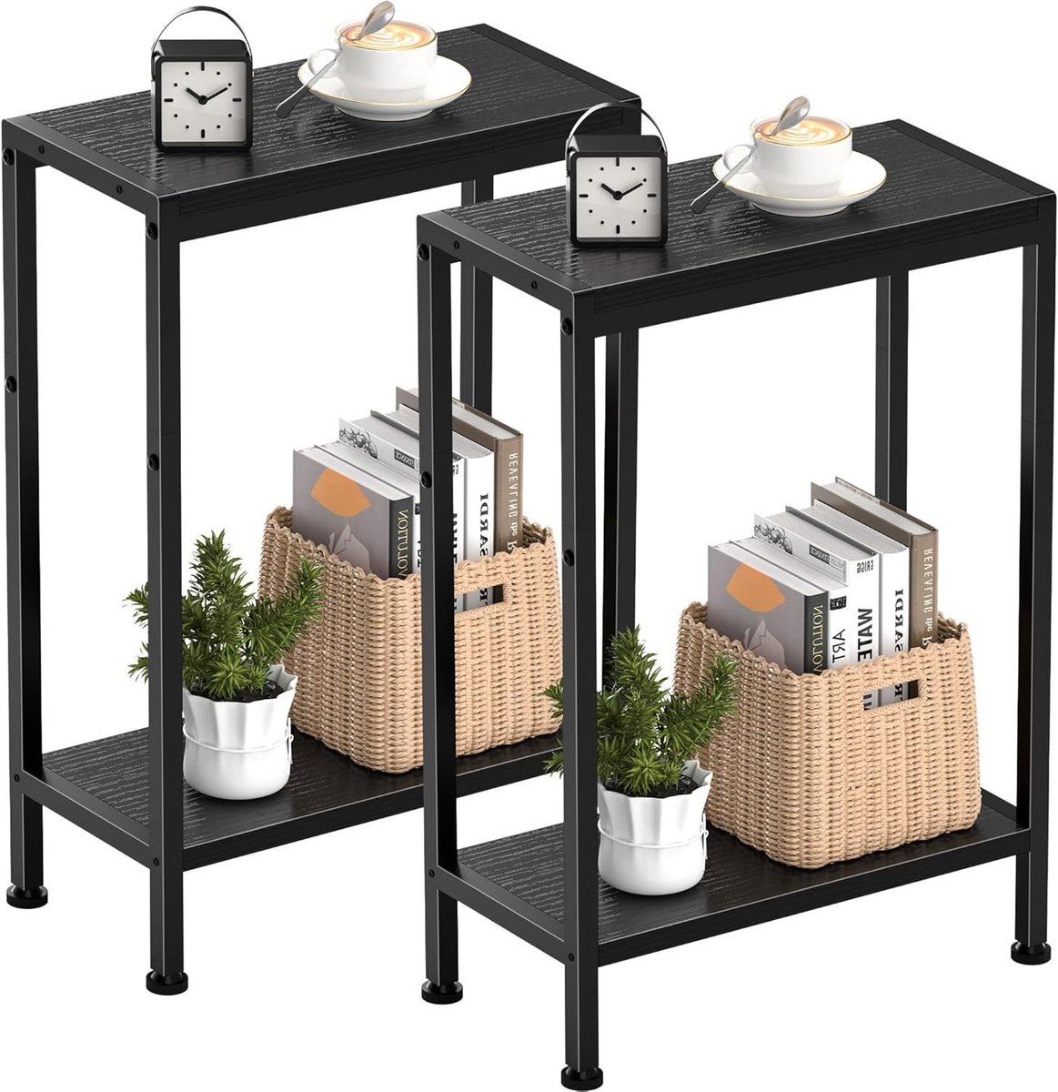 Smalle bijzettafel - Kleine tafel - Opbergen - Met 2 vakken - 20 x 43 x 58.5 cm - Zwart