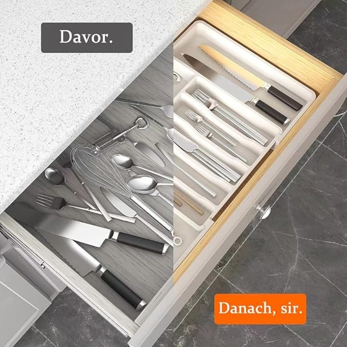 Uitbreidbare bestekbak voor lade, witte lade-organizer