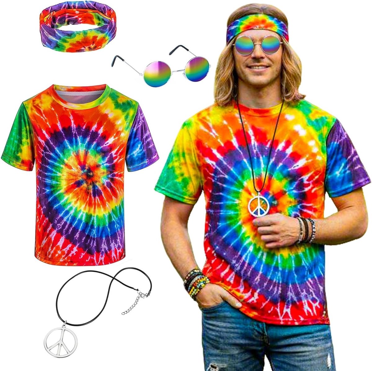 Hippie Kostuum voor Mannen uit de Jaren 60, 70 en 80 met Kleurrijk T-Shirt en Accessoires voor Carnaval
