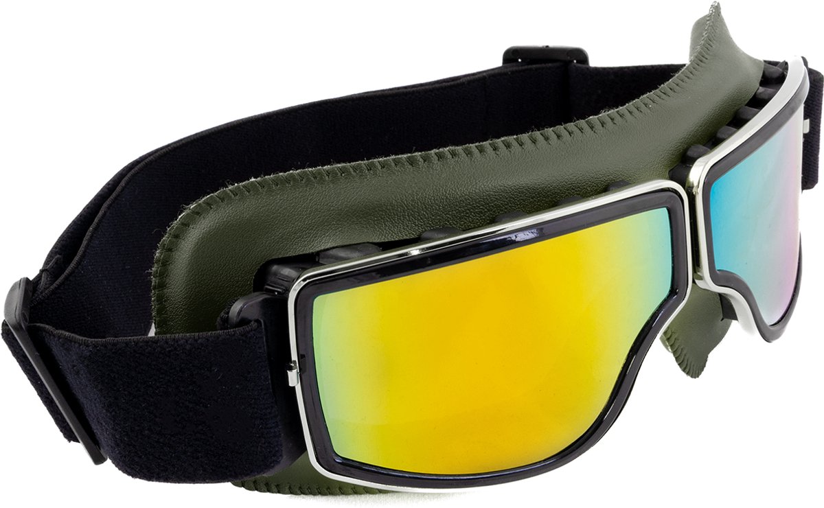 KIMU® Goggles Motorbril Skibril - Bril Groen Montuur - Oranje Spiegelglazen - Leatherlook Pilotenbril Vintage Motor Retro Steampunk Lederen Heren Festival