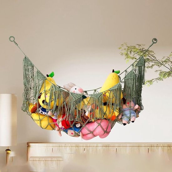 Knuffel Opbergnet - Speelgoed Opberger - Kinderkamer Organiseren - Handgeweven Katoen - 150 x 40 cm - Olijfgroen — afbeelding 5
