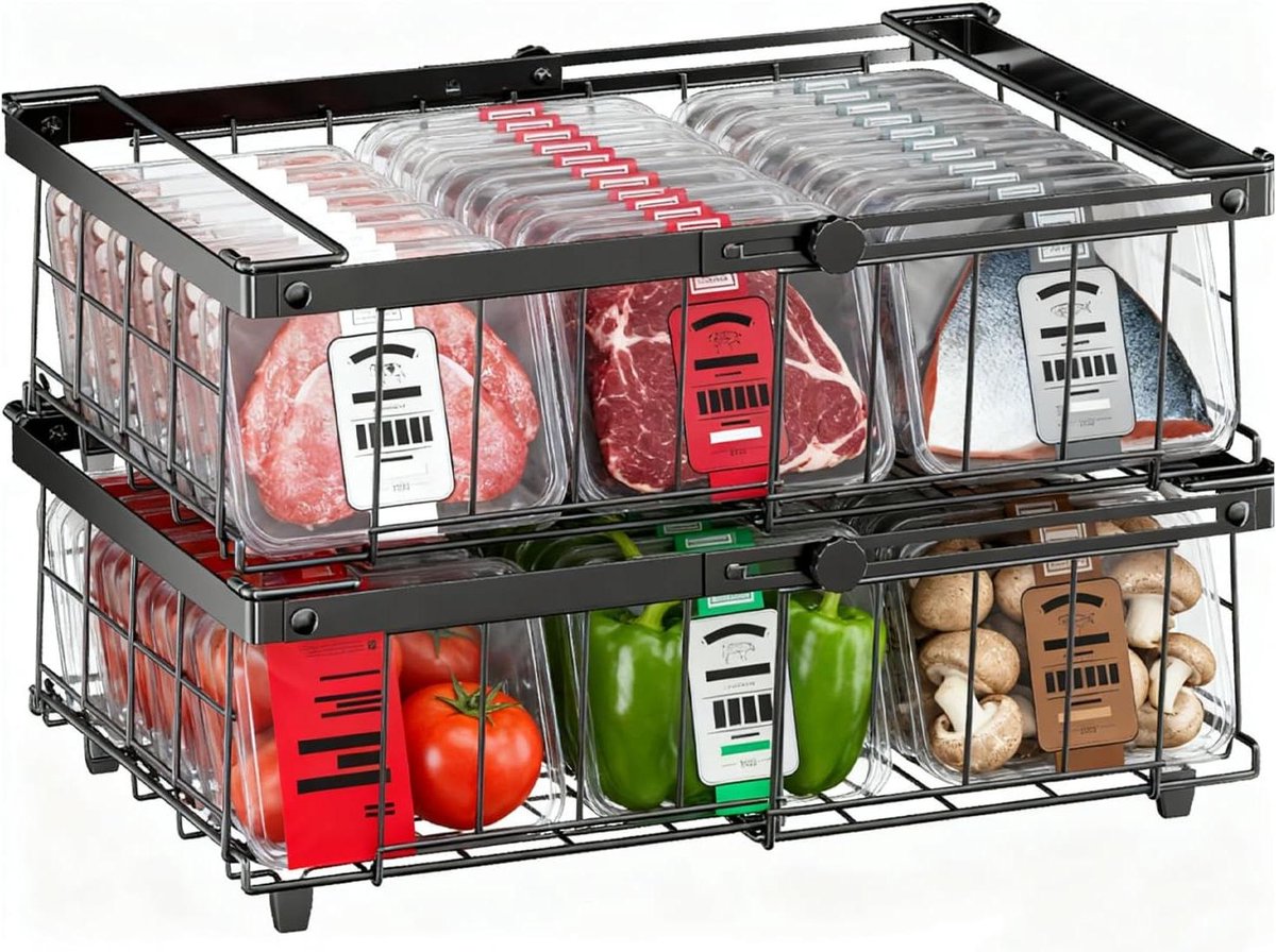 Diepvriesmanden Set - Vriezer Organizer - Voedsel Sorteren - Uitbreidbaar Ontwerp - 2 Stuks - Zwart
