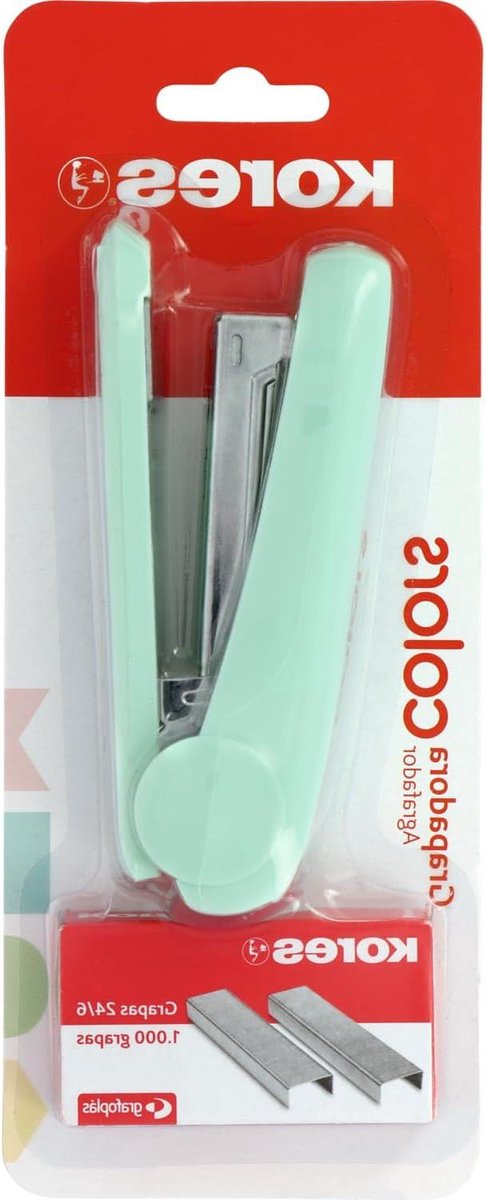 Kores Stapler, Color + 1,000 Staples 24/6, Colour Mint Soft, Size 12.5 x 5.5 x 3 cm, Capacity 20 Sheets of 80 g Paper, Compatible with 26/6 Staples, School and Professional