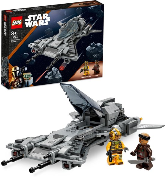 LEGO Star Wars "Pirate Snub Fighter" model met twee minifiguren, waaronder een in geel geklede piloot.
