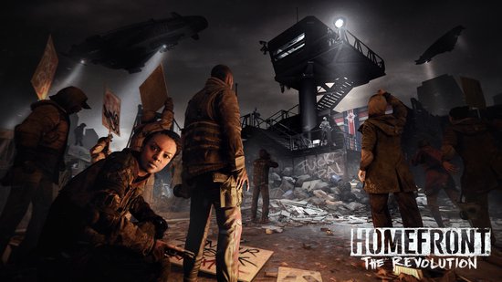 Groep mensen met spandoeken voor een toren in Homefront The Revolution.
