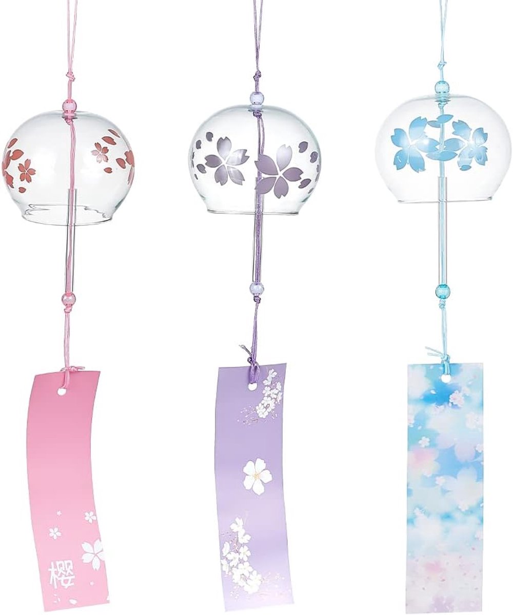 JeiibrZui Japanse Windklokken Set - 3 Stuks Handgemaakt Glas - Roze Blauw Lila - 38 Cm Lang - Voor Tuin Raam Bruiloft Feest Decoratie